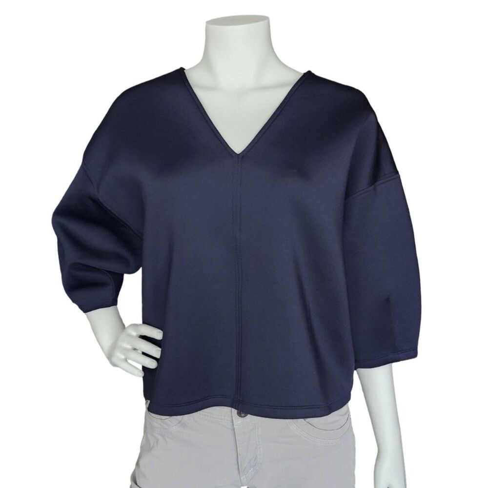 Anthropologie Navy Blue Scuba V-Neck Boxy Top Blouse